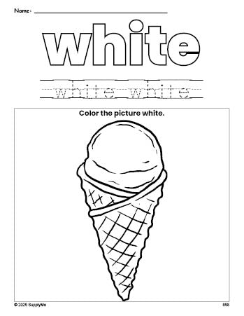 Free ice cream color white coloring page and color worksheet, white worksheet for preschoolers to learn colors, printable PDF