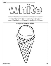 Free ice cream color white coloring page and color worksheet, white worksheet for preschoolers to learn colors, printable PDF