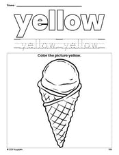 Free ice cream color yellow coloring page and color worksheet, yellow worksheet for preschoolers to learn colors, printable PDF