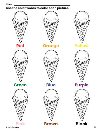 Free ice cream coloring page and color worksheet for preschoolers to learn colors, printable PDF