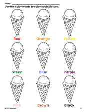 Free ice cream coloring page and color worksheet for preschoolers to learn colors, printable PDF