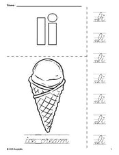 Free printable ice cream coloring page and cursive letter tracing worksheet, letter i worksheet for preschool, pre-k, and kindergarten, PDF