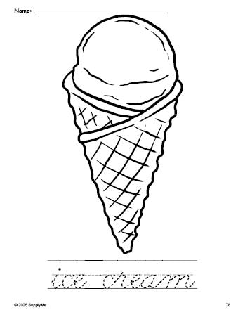 Free printable ice cream coloring page and cursive word tracing worksheet, perfect for preschool, pre-k, and kindergarten, PDF