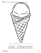 Free printable ice cream coloring page and cursive word tracing worksheet, perfect for preschool, pre-k, and kindergarten, PDF