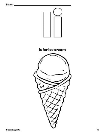 Free printable ice cream coloring page, letter i coloring page for preschool, pre-k, and kindergarten, PDF