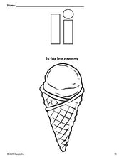 Free printable ice cream coloring page, letter i coloring page for preschool, pre-k, and kindergarten, PDF