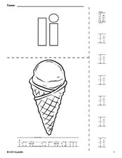 Free printable ice cream coloring page and letter tracing worksheet, letter i worksheet for preschool, pre-k, and kindergarten, PDF