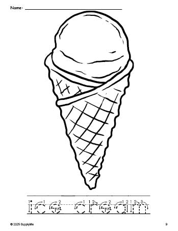 Free printable ice cream coloring page and word tracing worksheet, letter formation guides, perfect for preschool, pre-k, and kindergarten, PDF