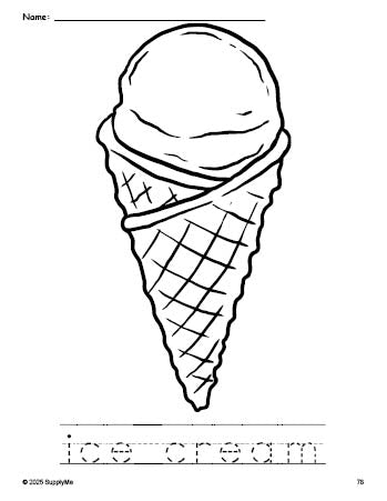 Free printable ice cream coloring page and word tracing worksheet, perfect for preschool, pre-k, and kindergarten, PDF