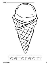 Free printable ice cream coloring page and word tracing worksheet, perfect for preschool, pre-k, and kindergarten, PDF