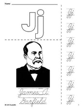 Free printable James A Garfield Presidents' Day coloring page and cursive letter tracing worksheet, letter j worksheet for preschool, pre-k, and kindergarten, PDF