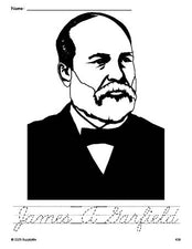 Free printable James A Garfield Presidents' Day coloring page and cursive word tracing worksheet, perfect for preschool, pre-k, and kindergarten, PDF