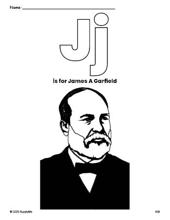 Free printable James A Garfield Presidents' Day coloring page, letter j coloring page for preschool, pre-k, and kindergarten, PDF