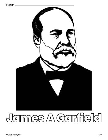 Free printable James A Garfield Presidents' Day coloring page for preschool, pre-k, and kindergarten, PDF