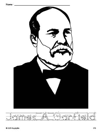 Free printable James A Garfield Presidents' Day coloring page and word tracing worksheet, letter formation guides, perfect for preschool, pre-k, and kindergarten, PDF