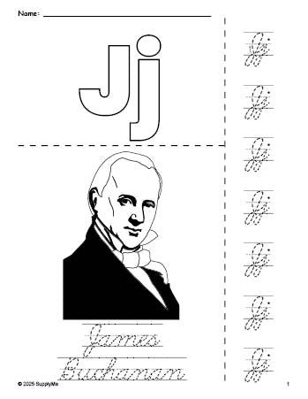 Free printable James Buchanan Presidents' Day coloring page and cursive letter tracing worksheet, letter j worksheet for preschool, pre-k, and kindergarten, PDF