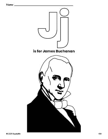 Free printable James Buchanan Presidents' Day coloring page, letter j coloring page for preschool, pre-k, and kindergarten, PDF