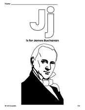 Free printable James Buchanan Presidents' Day coloring page, letter j coloring page for preschool, pre-k, and kindergarten, PDF