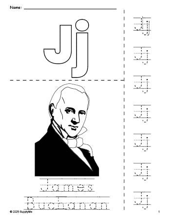 Free printable James Buchanan Presidents' Day coloring page and letter tracing worksheet, letter j worksheet for preschool, pre-k, and kindergarten, PDF