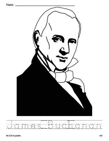 Free printable James Buchanan Presidents' Day coloring page and word tracing worksheet, perfect for preschool, pre-k, and kindergarten, PDF