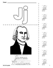 Free printable James Madison Presidents' Day coloring page and cursive letter tracing worksheet, letter j worksheet for preschool, pre-k, and kindergarten, PDF