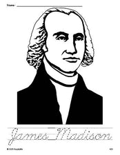 Free printable James Madison Presidents' Day coloring page and cursive word tracing worksheet, perfect for preschool, pre-k, and kindergarten, PDF