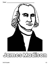 Free printable James Madison Presidents' Day coloring page for preschool, pre-k, and kindergarten, PDF