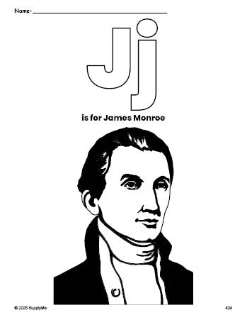 Free printable James Monroe Presidents' Day coloring page, letter j coloring page for preschool, pre-k, and kindergarten, PDF