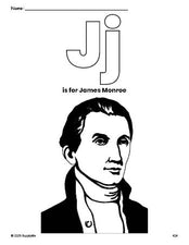 Free printable James Monroe Presidents' Day coloring page, letter j coloring page for preschool, pre-k, and kindergarten, PDF