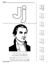 Free printable James Monroe Presidents' Day coloring page and letter tracing worksheet, letter j worksheet for preschool, pre-k, and kindergarten, PDF