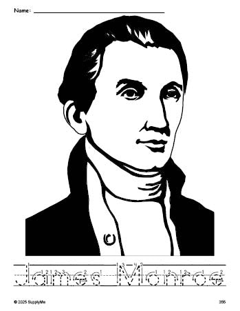 Free printable James Monroe Presidents' Day coloring page and word tracing worksheet, letter formation guides, perfect for preschool, pre-k, and kindergarten, PDF