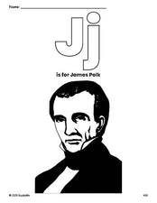 Free printable James Polk Presidents' Day coloring page, letter j coloring page for preschool, pre-k, and kindergarten, PDF