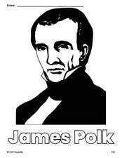 Free printable James Polk Presidents' Day coloring page for preschool, pre-k, and kindergarten, PDF