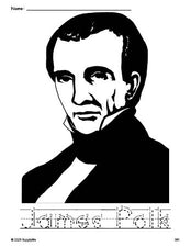 Free printable James Polk Presidents' Day coloring page and word tracing worksheet, letter formation guides, perfect for preschool, pre-k, and kindergarten, PDF