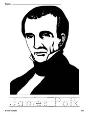 Free printable James Polk Presidents' Day coloring page and word tracing worksheet, perfect for preschool, pre-k, and kindergarten, PDF