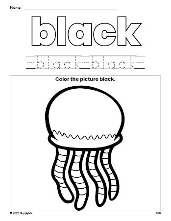 Free jellyfish color black coloring page and color worksheet, black worksheet for preschoolers to learn colors, printable PDF