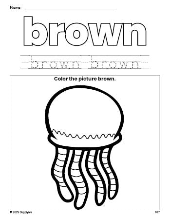 Free jellyfish color brown coloring page and color worksheet, brown worksheet for preschoolers to learn colors, printable PDF