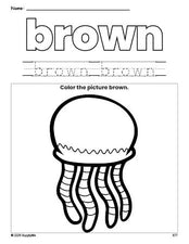 Free jellyfish color brown coloring page and color worksheet, brown worksheet for preschoolers to learn colors, printable PDF