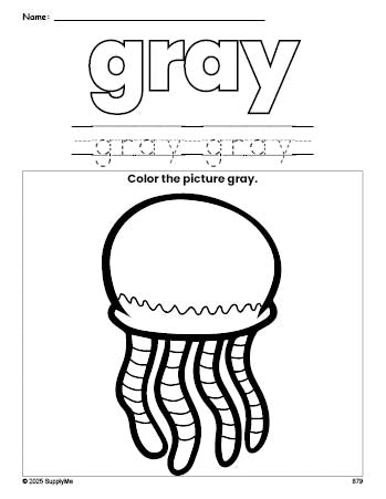 Free jellyfish color gray coloring page and color worksheet, gray worksheet for preschoolers to learn colors, printable PDF