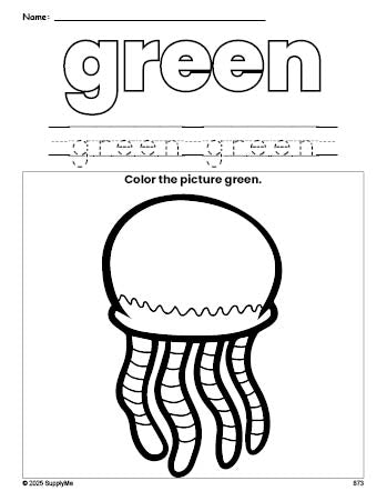 Free jellyfish color green coloring page and color worksheet, green worksheet for preschoolers to learn colors, printable PDF