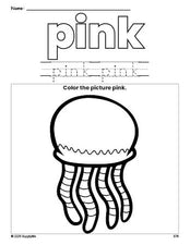 Free jellyfish color pink coloring page and color worksheet, pink worksheet for preschoolers to learn colors, printable PDF