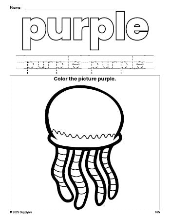 Free jellyfish color purple coloring page and color worksheet, purple worksheet for preschoolers to learn colors, printable PDF