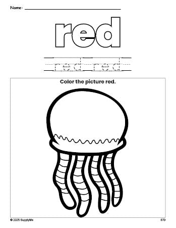 Free jellyfish color red coloring page and color worksheet, red worksheet for preschoolers to learn colors, printable PDF