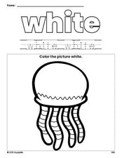 Free jellyfish color white coloring page and color worksheet, white worksheet for preschoolers to learn colors, printable PDF