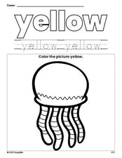 Free jellyfish color yellow coloring page and color worksheet, yellow worksheet for preschoolers to learn colors, printable PDF