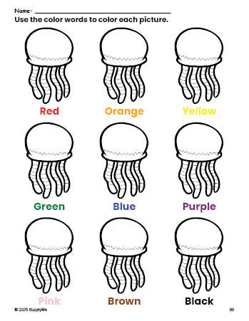 Free jellyfish coloring page and color worksheet for preschoolers to learn colors, printable PDF