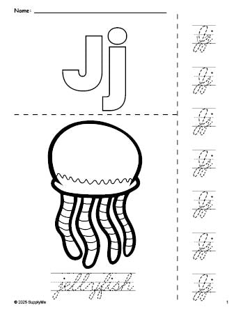 Free printable jellyfish coloring page and cursive letter tracing worksheet, letter j worksheet for preschool, pre-k, and kindergarten, PDF