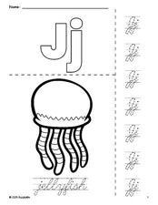 Free printable jellyfish coloring page and cursive letter tracing worksheet, letter j worksheet for preschool, pre-k, and kindergarten, PDF