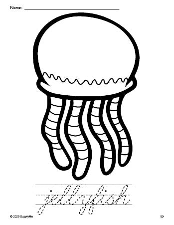 Free printable jellyfish coloring page and cursive word tracing worksheet, perfect for preschool, pre-k, and kindergarten, PDF