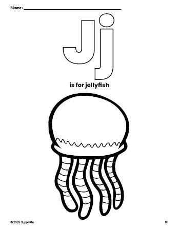 Free printable jellyfish coloring page, letter j coloring page for preschool, pre-k, and kindergarten, PDF